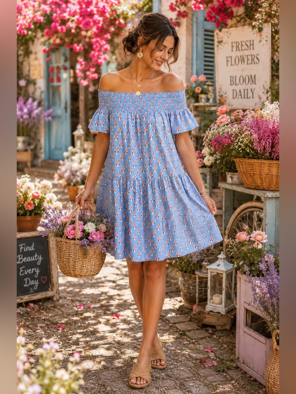 Marea Louise Shortie Dress Blue Floral Boho Size L 🌸 MSRP $158